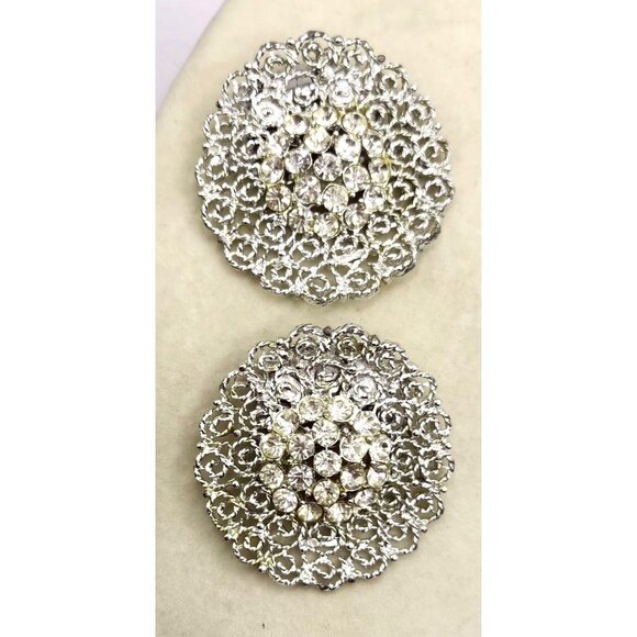 Large Silver Tone & Rhinestone Vintage Dress Clips - Filigree Design - Picture 1 of 2